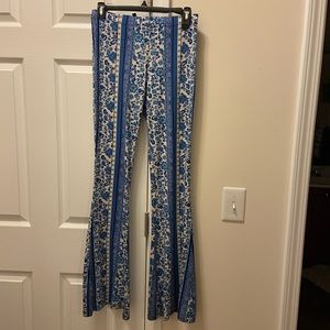 Stretchy blue floral flare bottom pants
